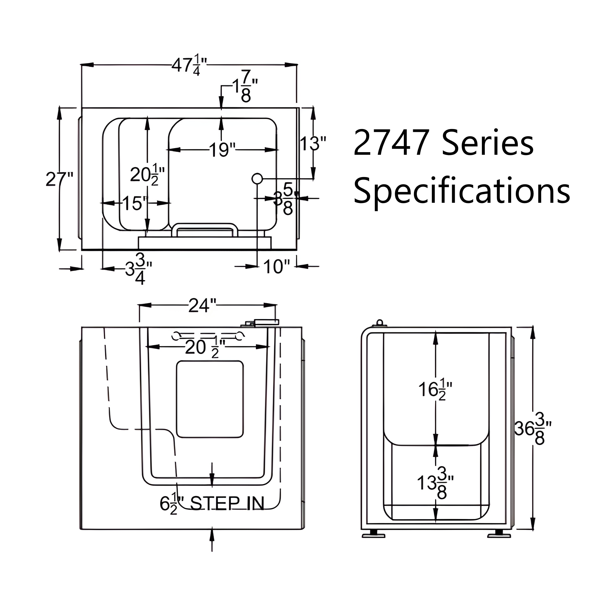 MediTub 2747 Series 47" Acrylic Walk-In Bathtub for Alcove, Corner or Single Wall Installation