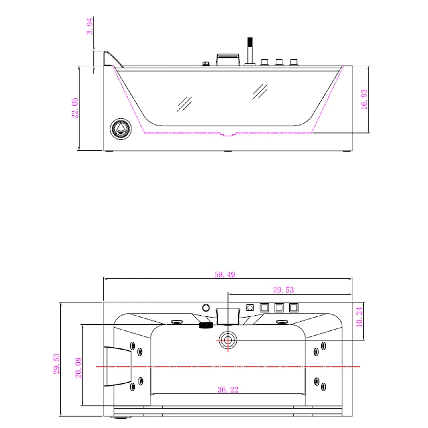 Empava-59JT408LED 59" Waterfall Faucet Whirlpool Bathtub