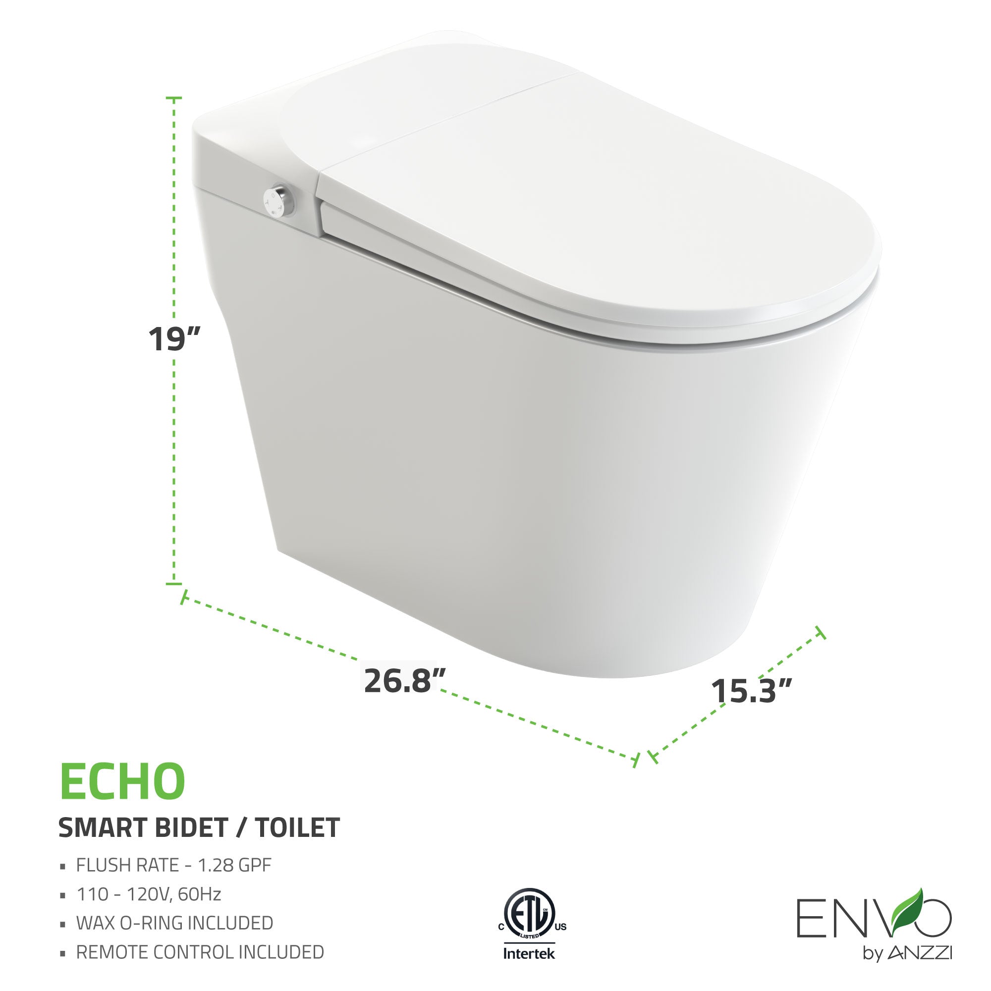 ANZZI ENVO Echo Elongated Smart Toilet Bidet in White with Auto Open, Auto Close, Auto Flush, and Heated Seat TL-STFF950WH