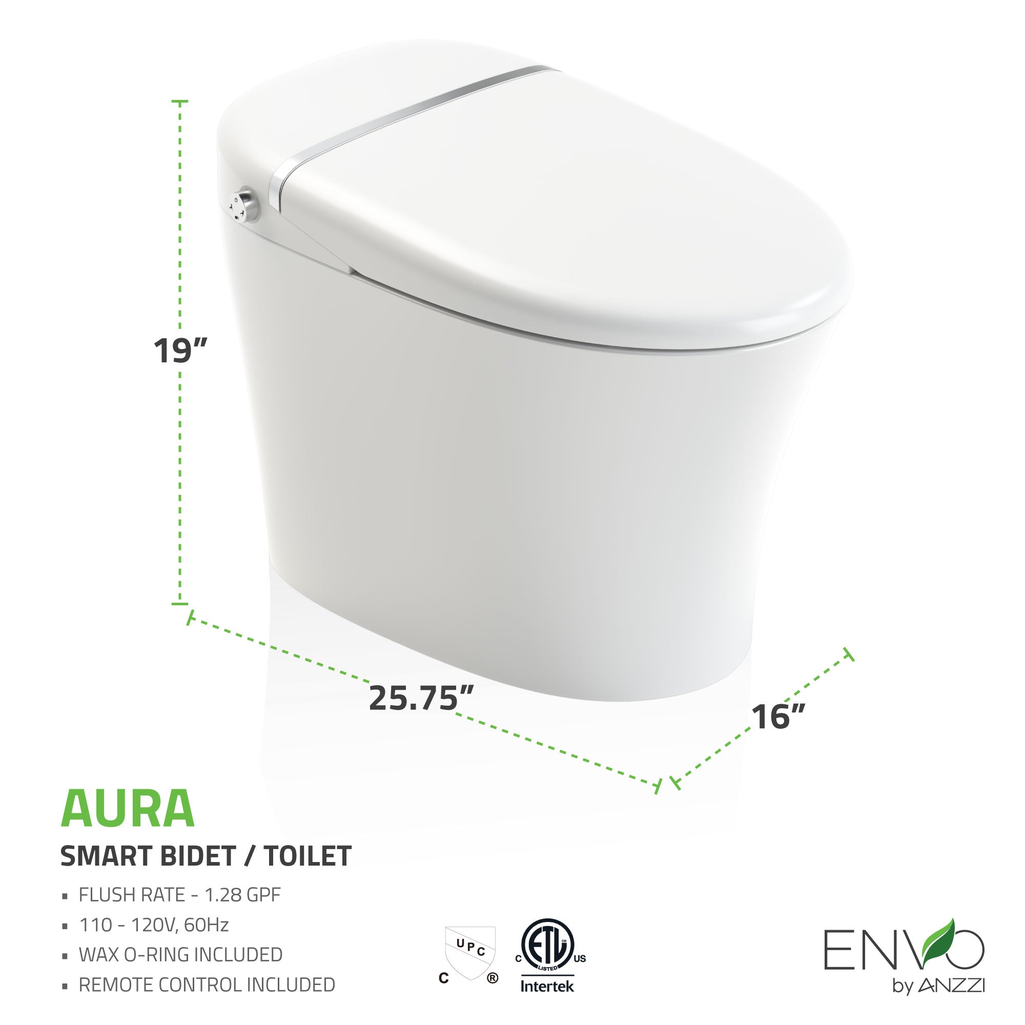 ANZZI ENVO Aura Smart Toilet Bidet with Remote & Auto Flush TL-STSF851WH